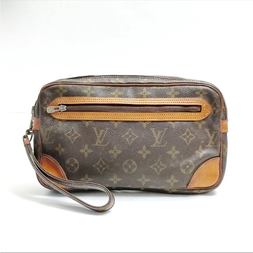 Vintage Louis Vuitton Brown Leather Monogram Clutch Vaschetta Trim and Accents